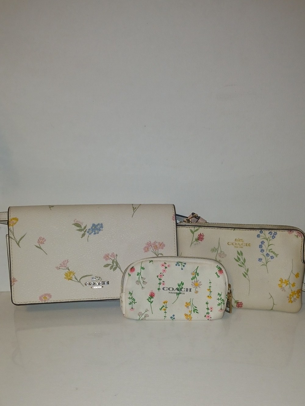 Coach Cream Floral Leather Flip Down and Pouch Trio